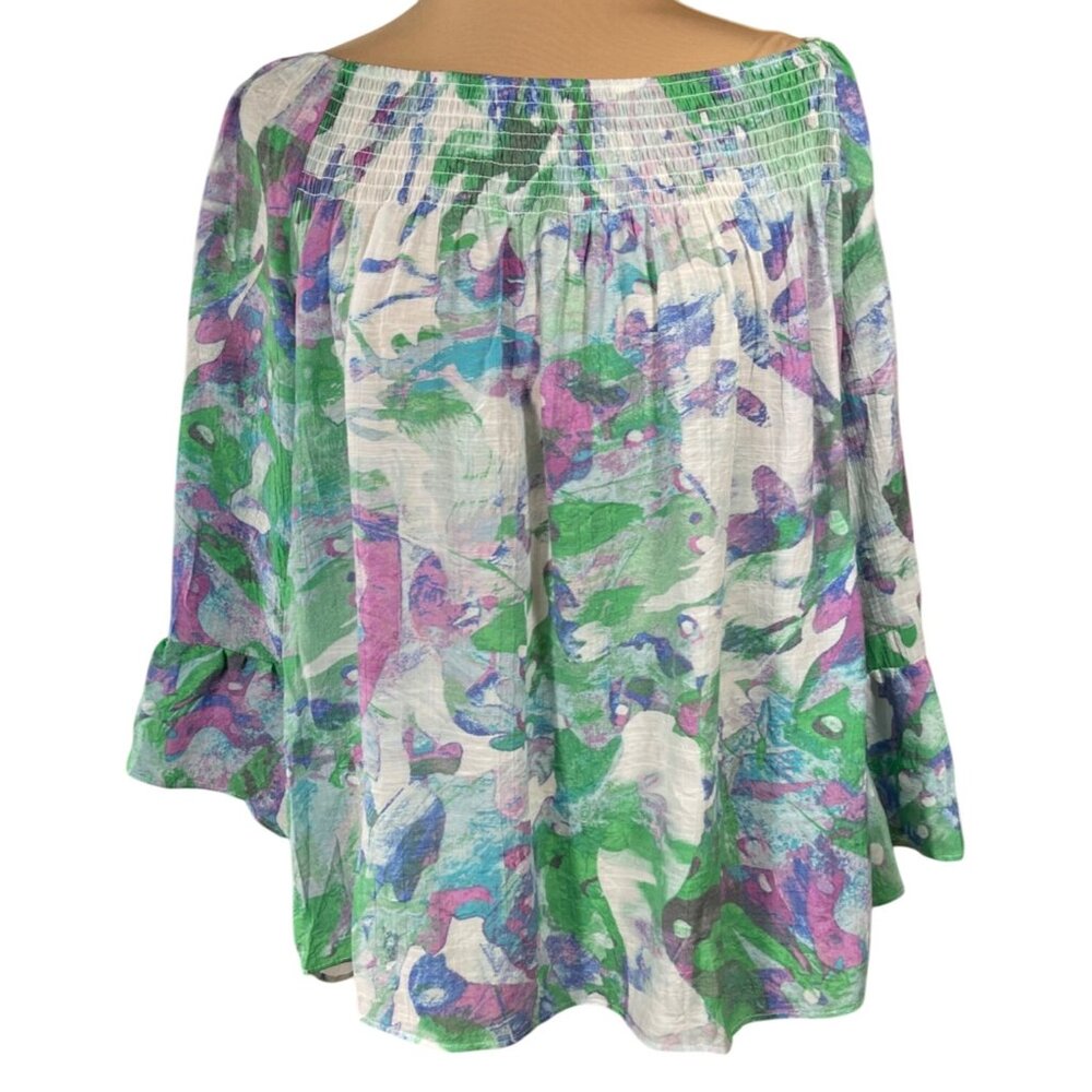 Zac & Rachel OTS Top Blouse Size 1X Blue Green Floral Smocked